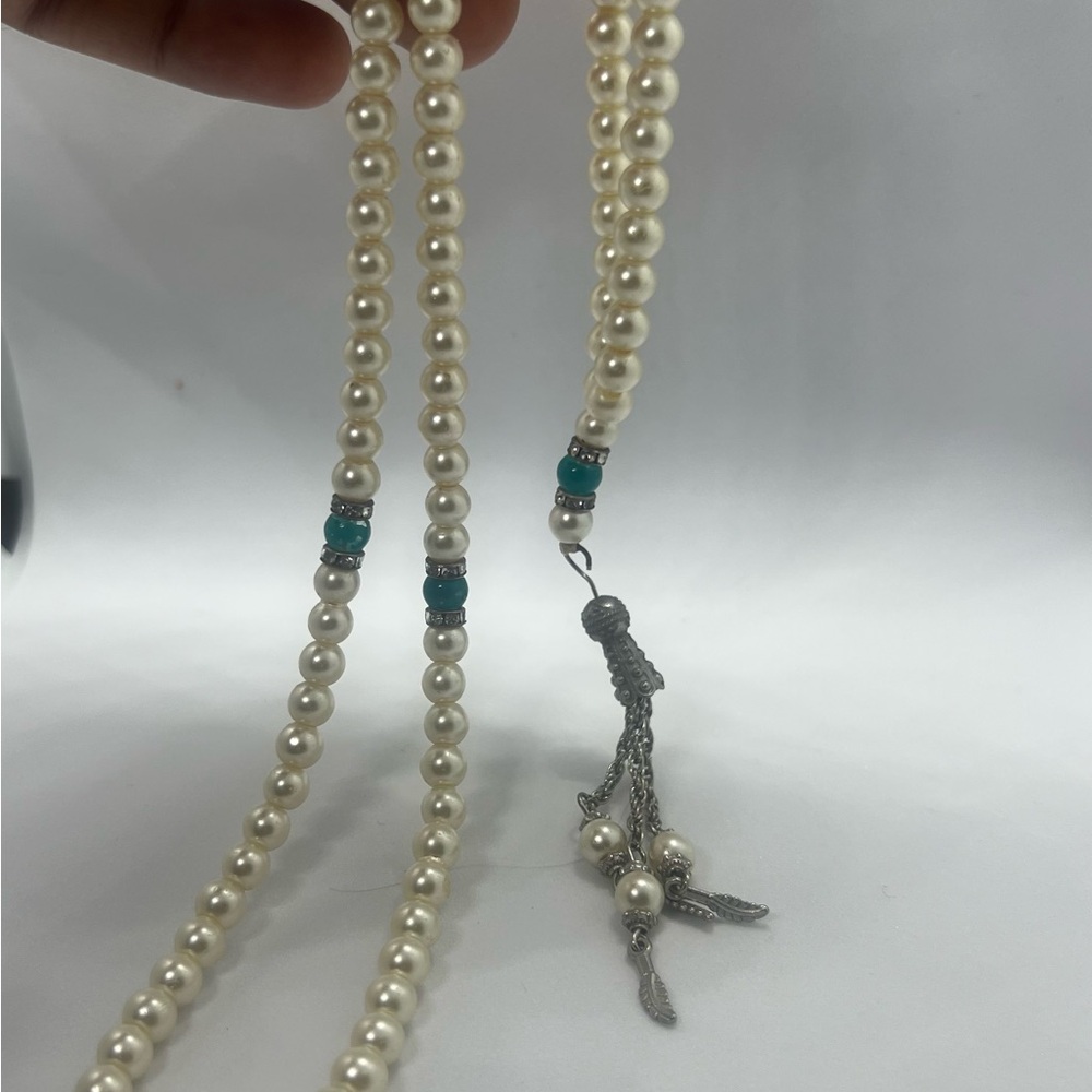 Blue and Cream Pearl Necklace with Silver Cross - Picture 3 of 5